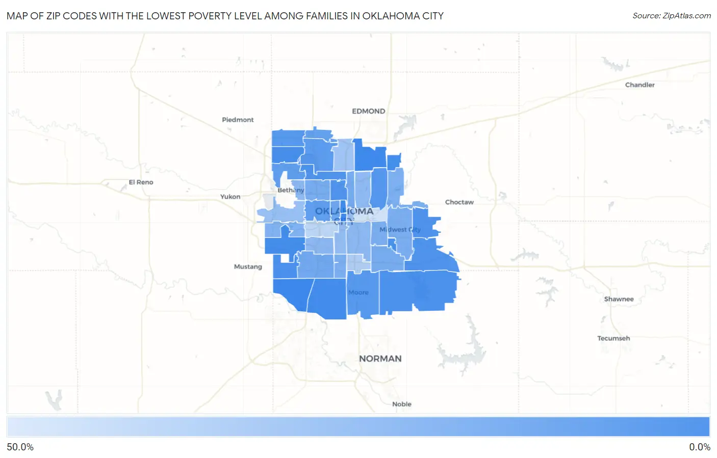 Zip Codes with the Lowest Poverty Level Among Families in Oklahoma City Map