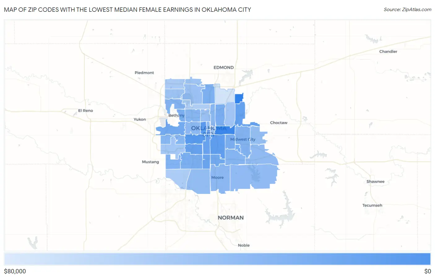 Zip Codes with the Lowest Median Female Earnings in Oklahoma City Map
