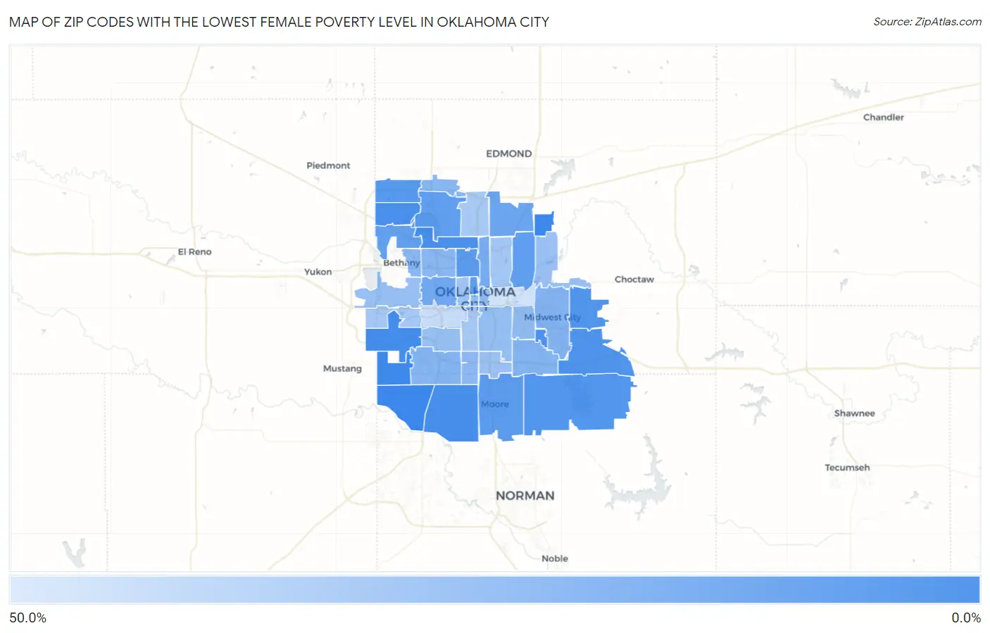 Zip Codes with the Lowest Female Poverty Level in Oklahoma City Map