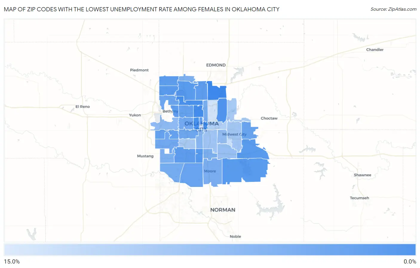 Zip Codes with the Lowest Unemployment Rate Among Females in Oklahoma City Map