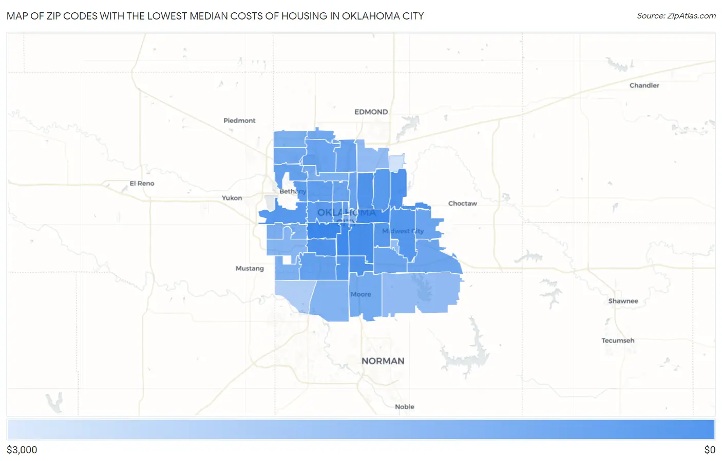 Zip Codes with the Lowest Median Costs of Housing in Oklahoma City Map