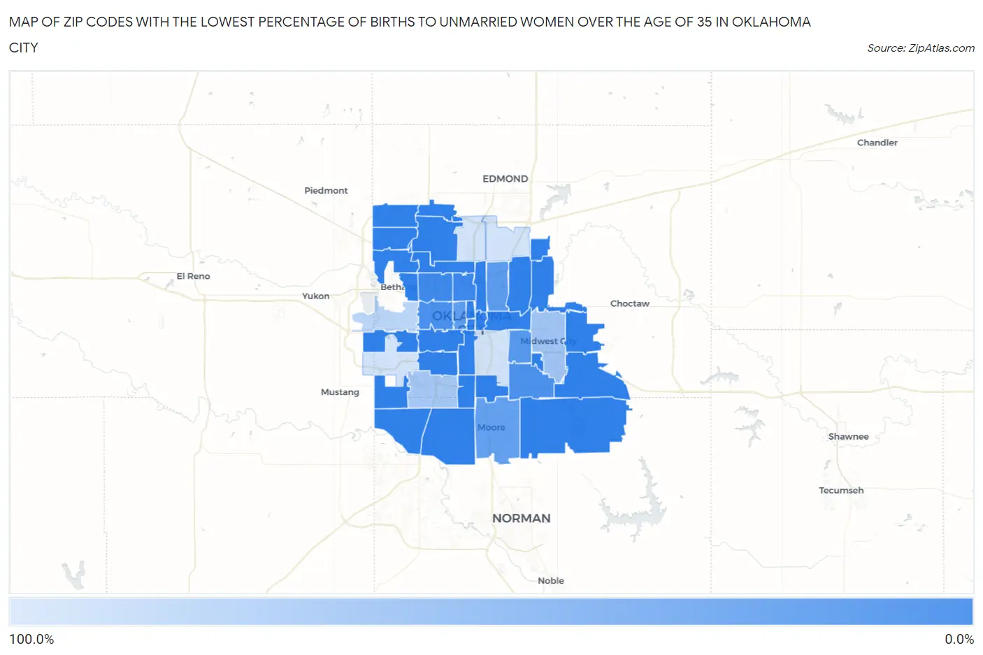 Zip Codes with the Lowest Percentage of Births to Unmarried Women over the Age of 35 in Oklahoma City Map