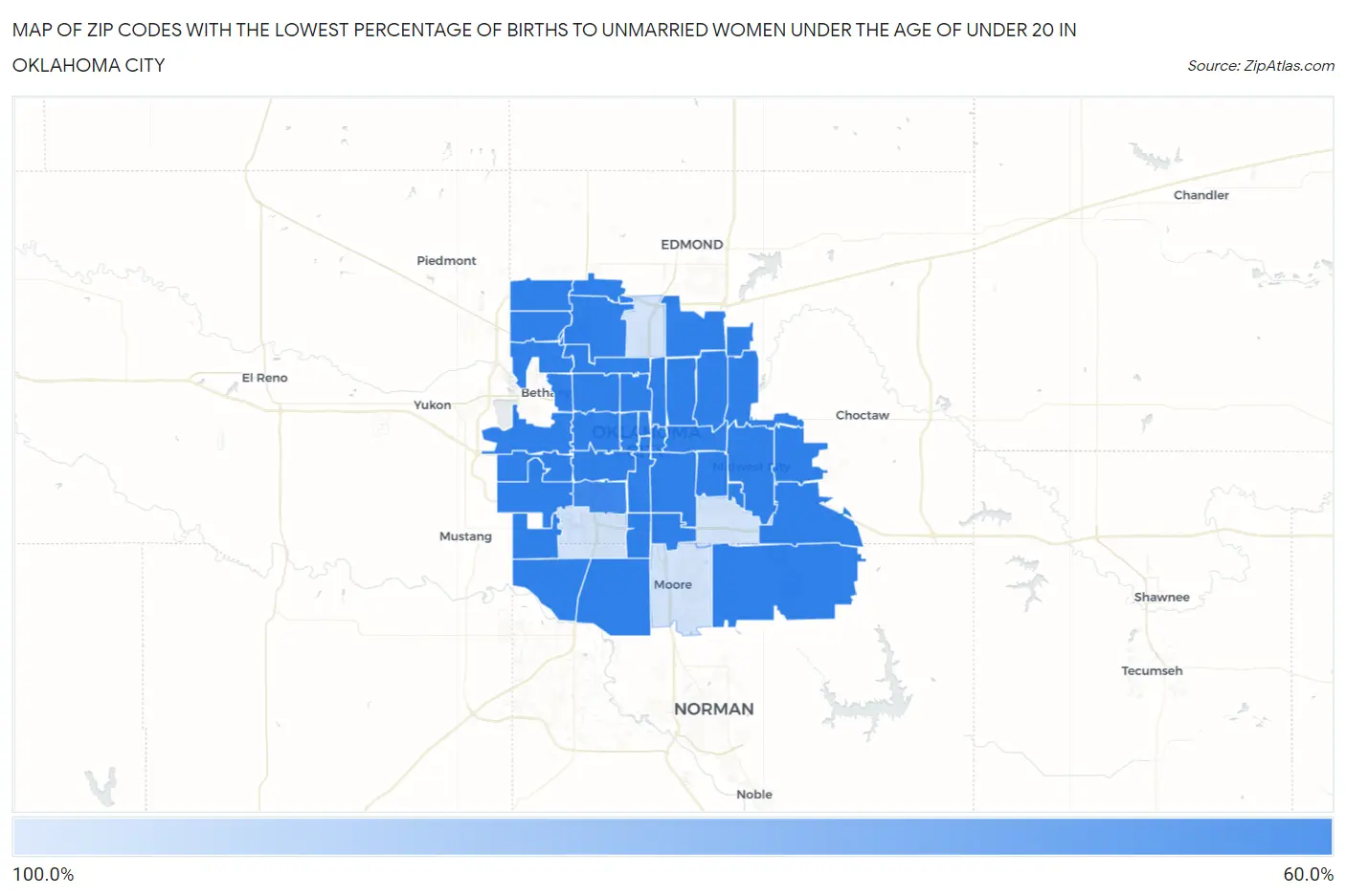 Zip Codes with the Lowest Percentage of Births to Unmarried Women under the Age of under 20 in Oklahoma City Map