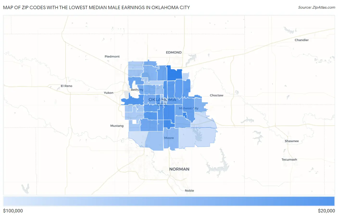 Zip Codes with the Lowest Median Male Earnings in Oklahoma City Map