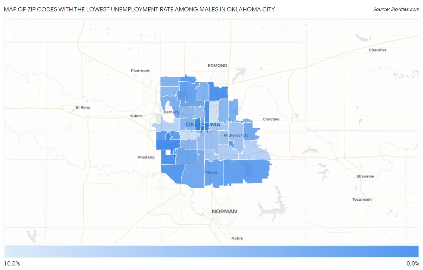 Zip Codes with the Lowest Unemployment Rate Among Males in Oklahoma City Map