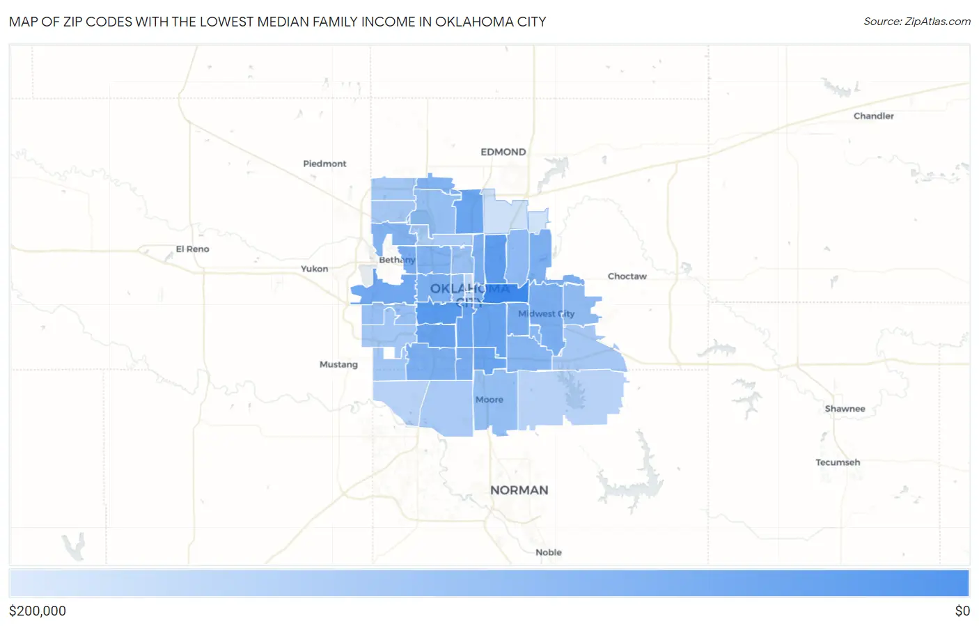 Zip Codes with the Lowest Median Family Income in Oklahoma City Map
