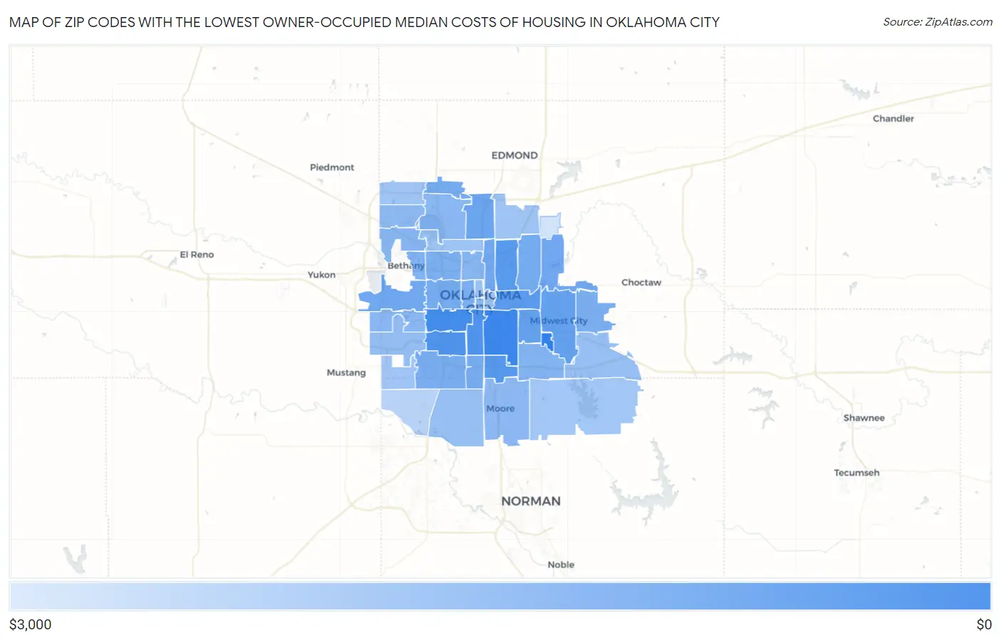 Zip Codes with the Lowest Owner-Occupied Median Costs of Housing in Oklahoma City Map