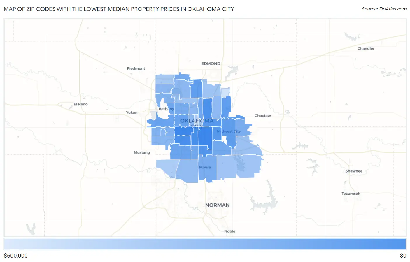 Zip Codes with the Lowest Median Property Prices in Oklahoma City Map