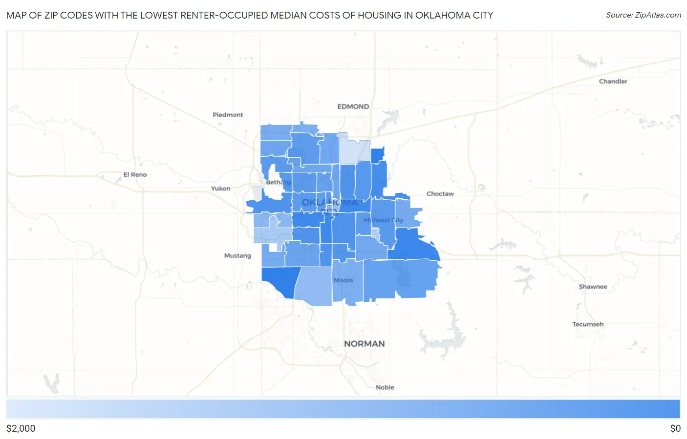 Zip Codes with the Lowest Renter-Occupied Median Costs of Housing in Oklahoma City Map