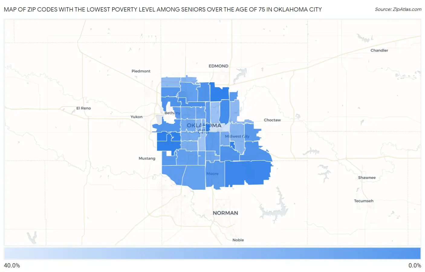 Zip Codes with the Lowest Poverty Level Among Seniors Over the Age of 75 in Oklahoma City Map