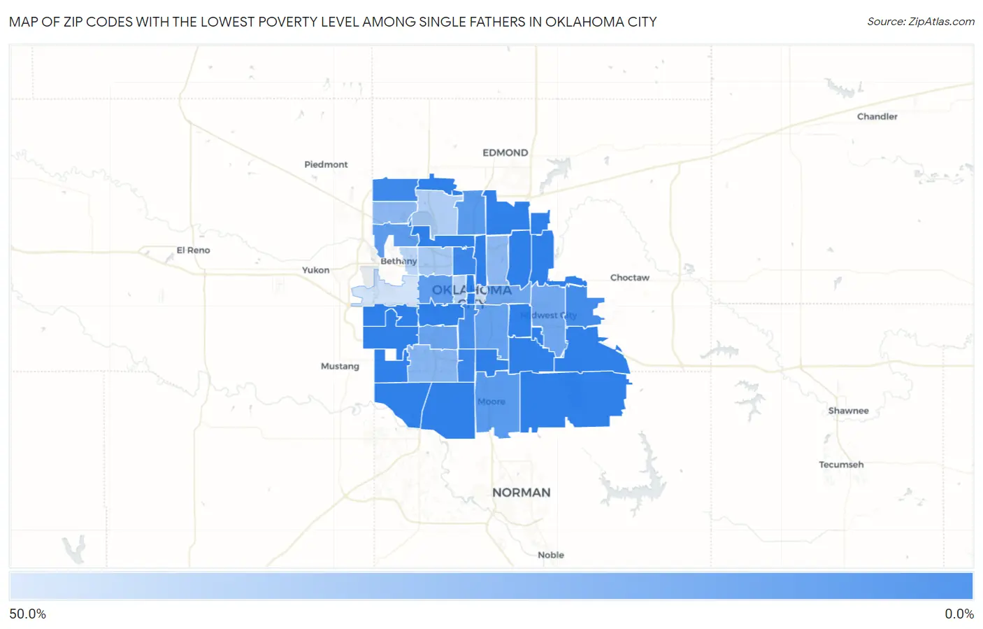 Zip Codes with the Lowest Poverty Level Among Single Fathers in Oklahoma City Map