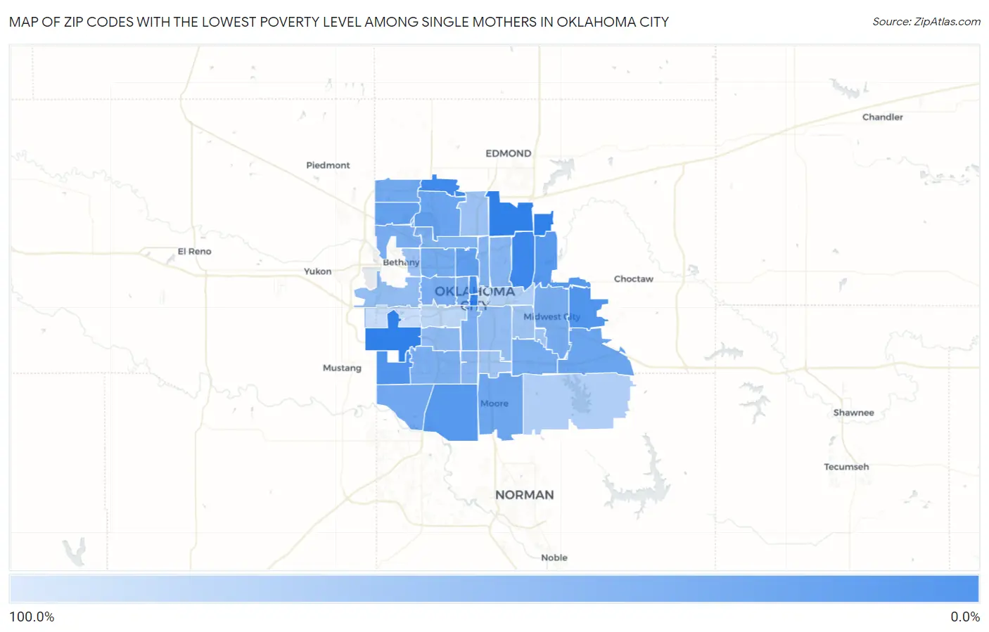 Zip Codes with the Lowest Poverty Level Among Single Mothers in Oklahoma City Map