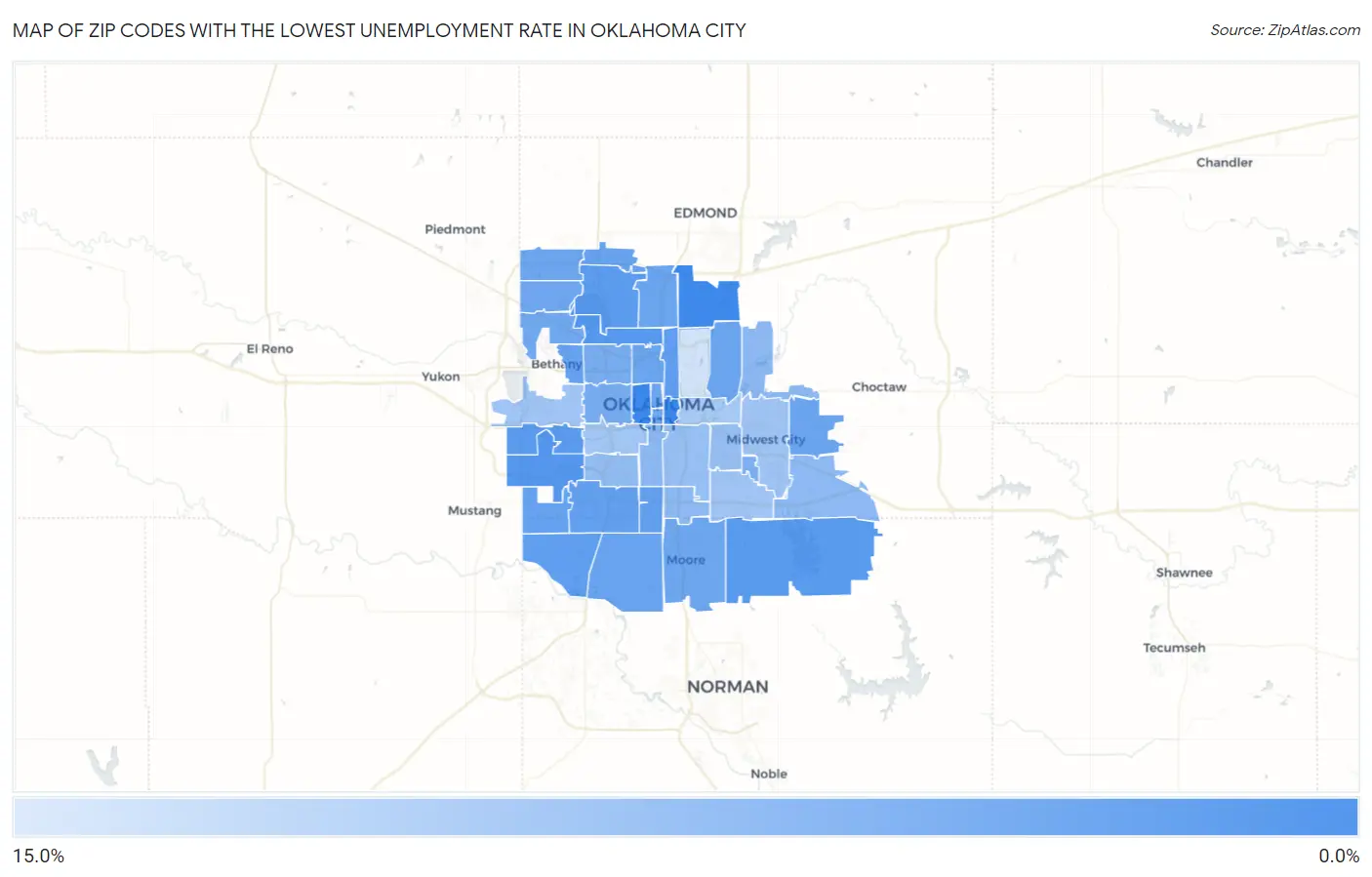 Zip Codes with the Lowest Unemployment Rate in Oklahoma City Map