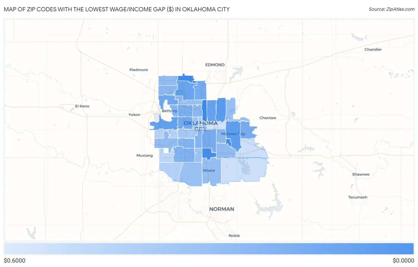Zip Codes with the Lowest Wage/Income Gap ($) in Oklahoma City Map
