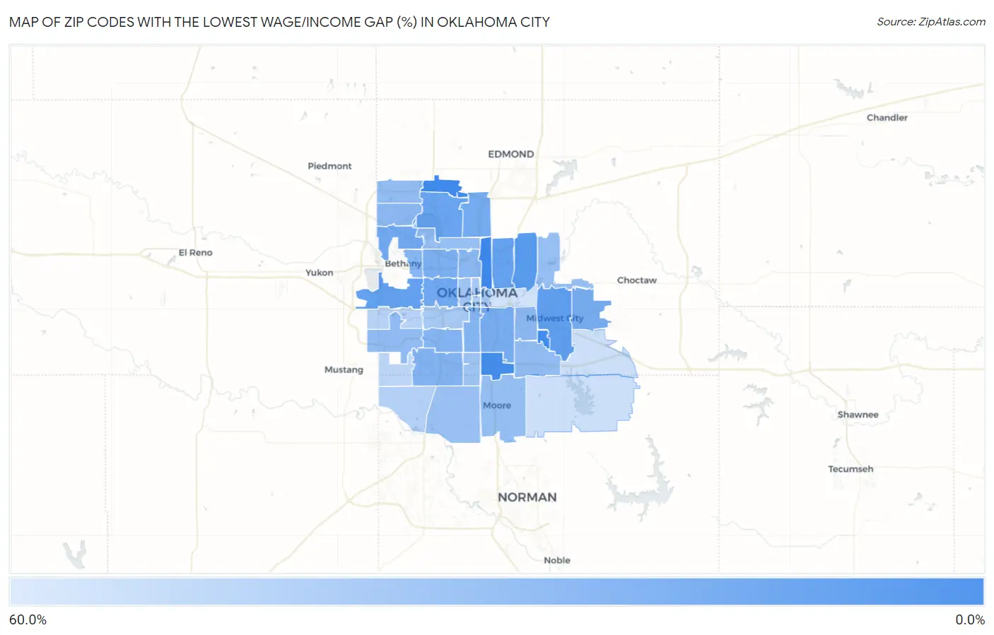 Zip Codes with the Lowest Wage/Income Gap (%) in Oklahoma City Map