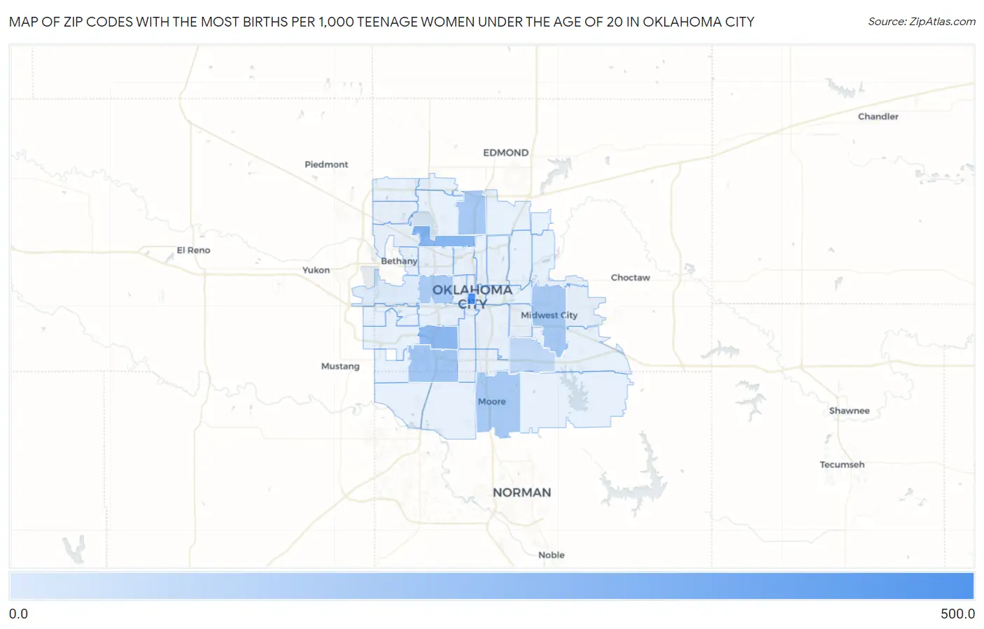 Zip Codes with the Most Births per 1,000 Teenage Women Under the Age of 20 in Oklahoma City Map