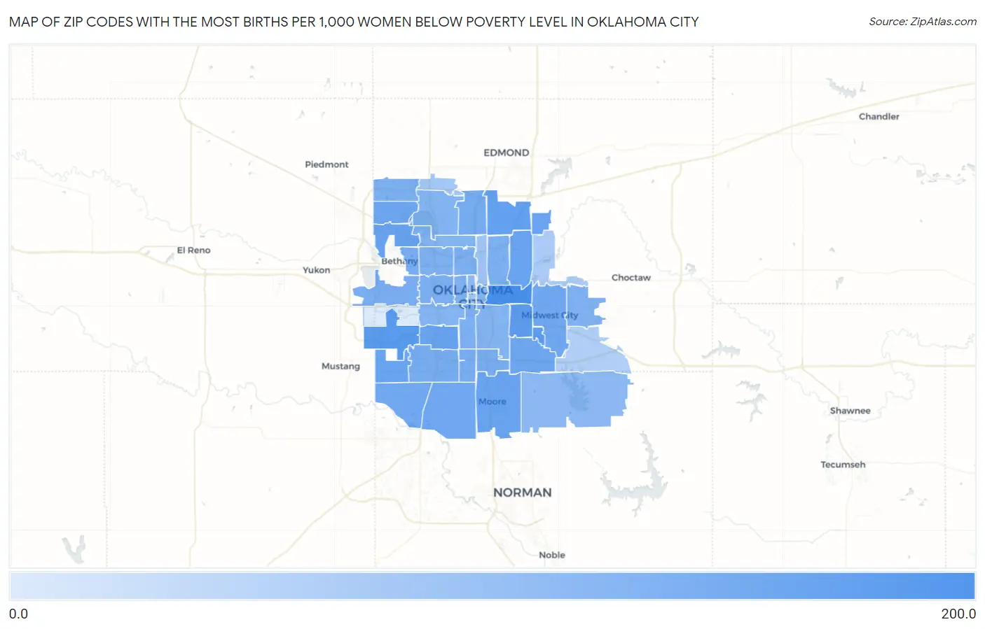 Zip Codes with the Most Births per 1,000 Women Below Poverty Level in Oklahoma City Map