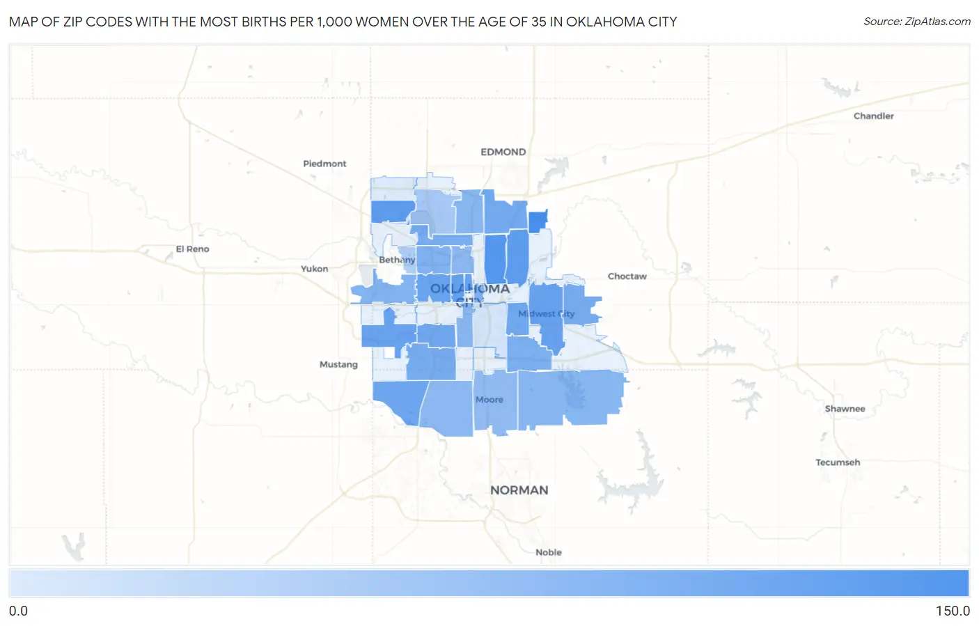Zip Codes with the Most Births per 1,000 Women Over the Age of 35 in Oklahoma City Map