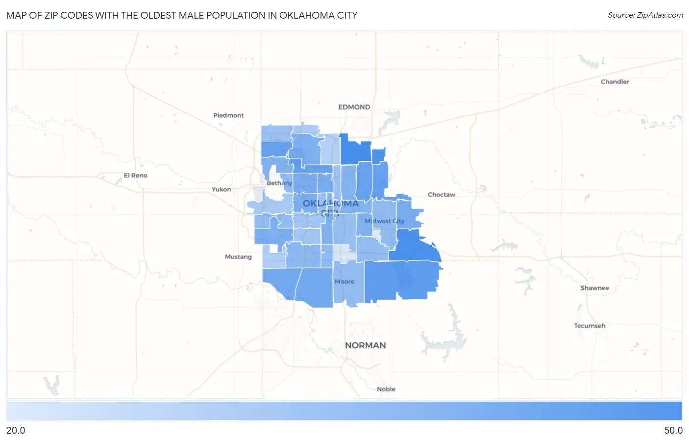 Zip Codes with the Oldest Male Population in Oklahoma City Map
