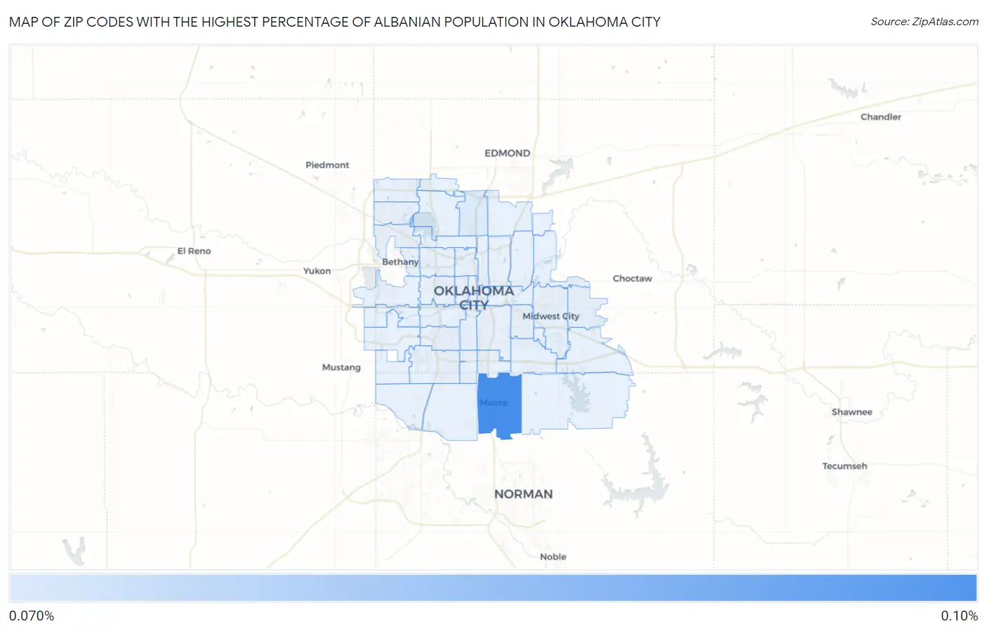Zip Codes with the Highest Percentage of Albanian Population in Oklahoma City Map