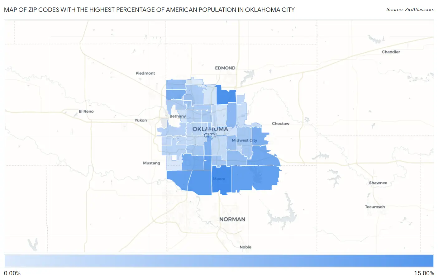 Zip Codes with the Highest Percentage of American Population in Oklahoma City Map