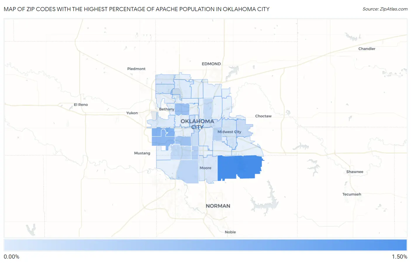 Zip Codes with the Highest Percentage of Apache Population in Oklahoma City Map