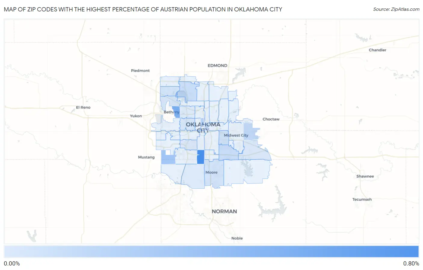 Zip Codes with the Highest Percentage of Austrian Population in Oklahoma City Map