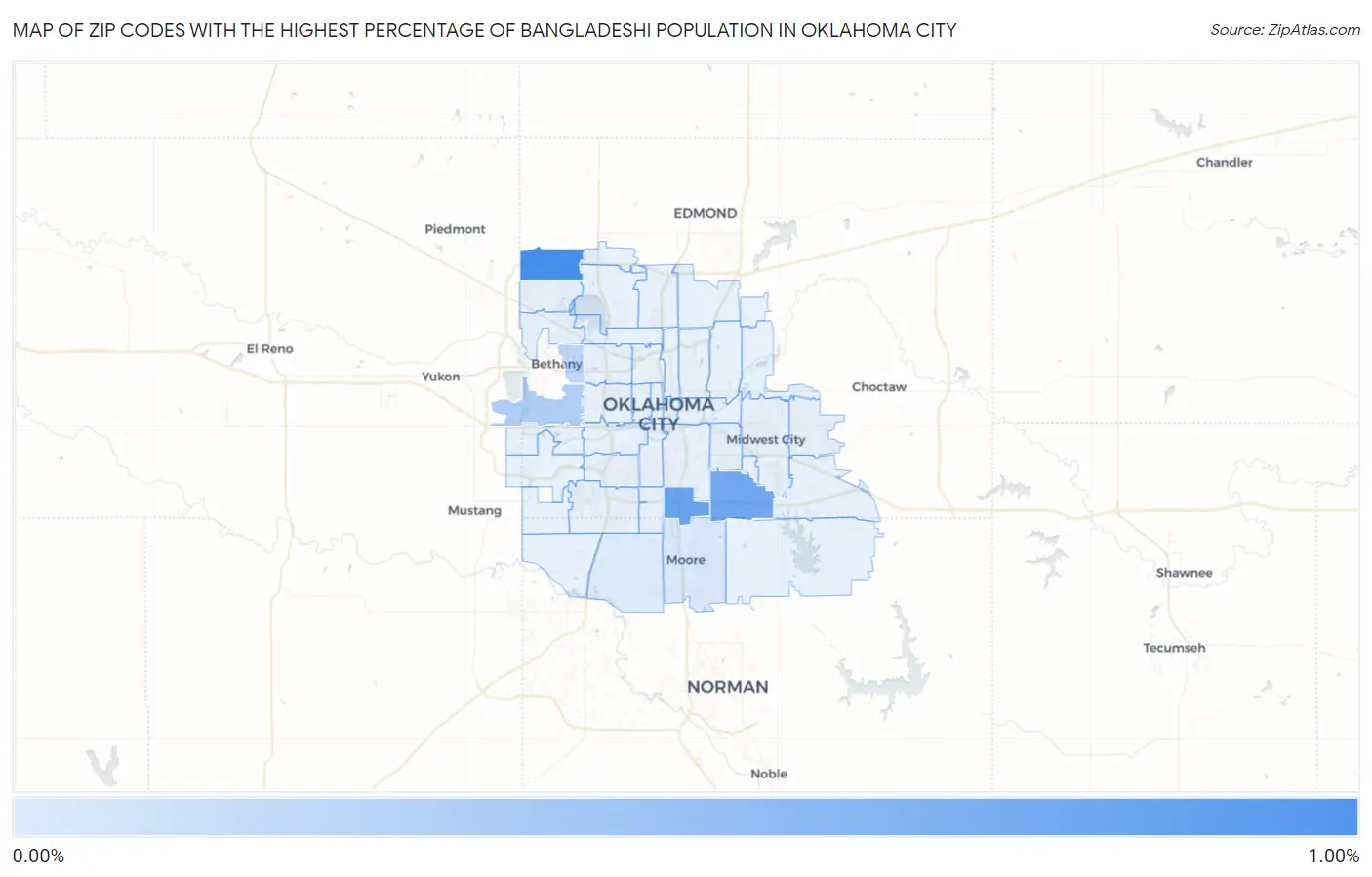 Zip Codes with the Highest Percentage of Bangladeshi Population in Oklahoma City Map