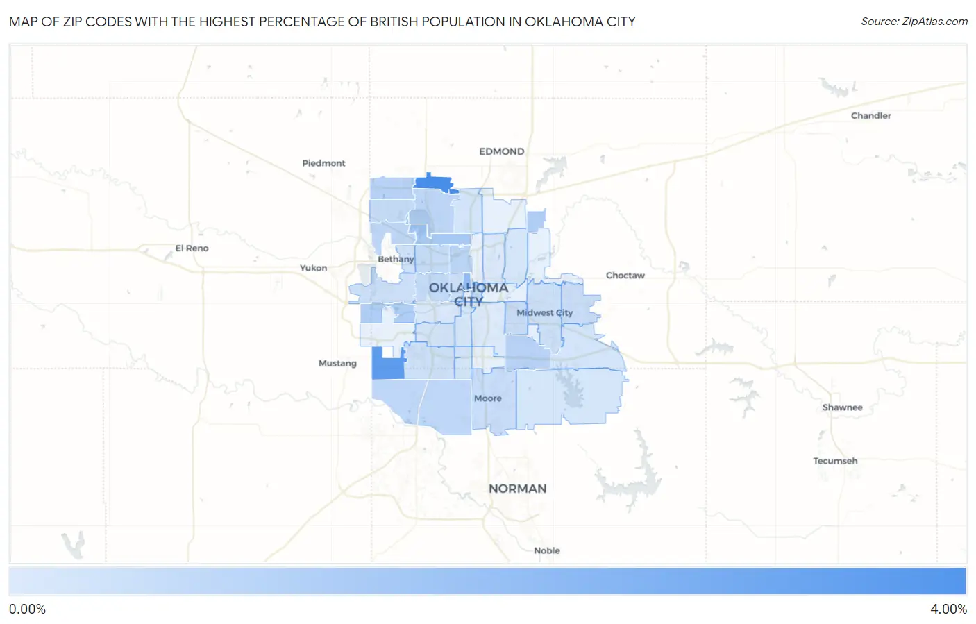 Zip Codes with the Highest Percentage of British Population in Oklahoma City Map