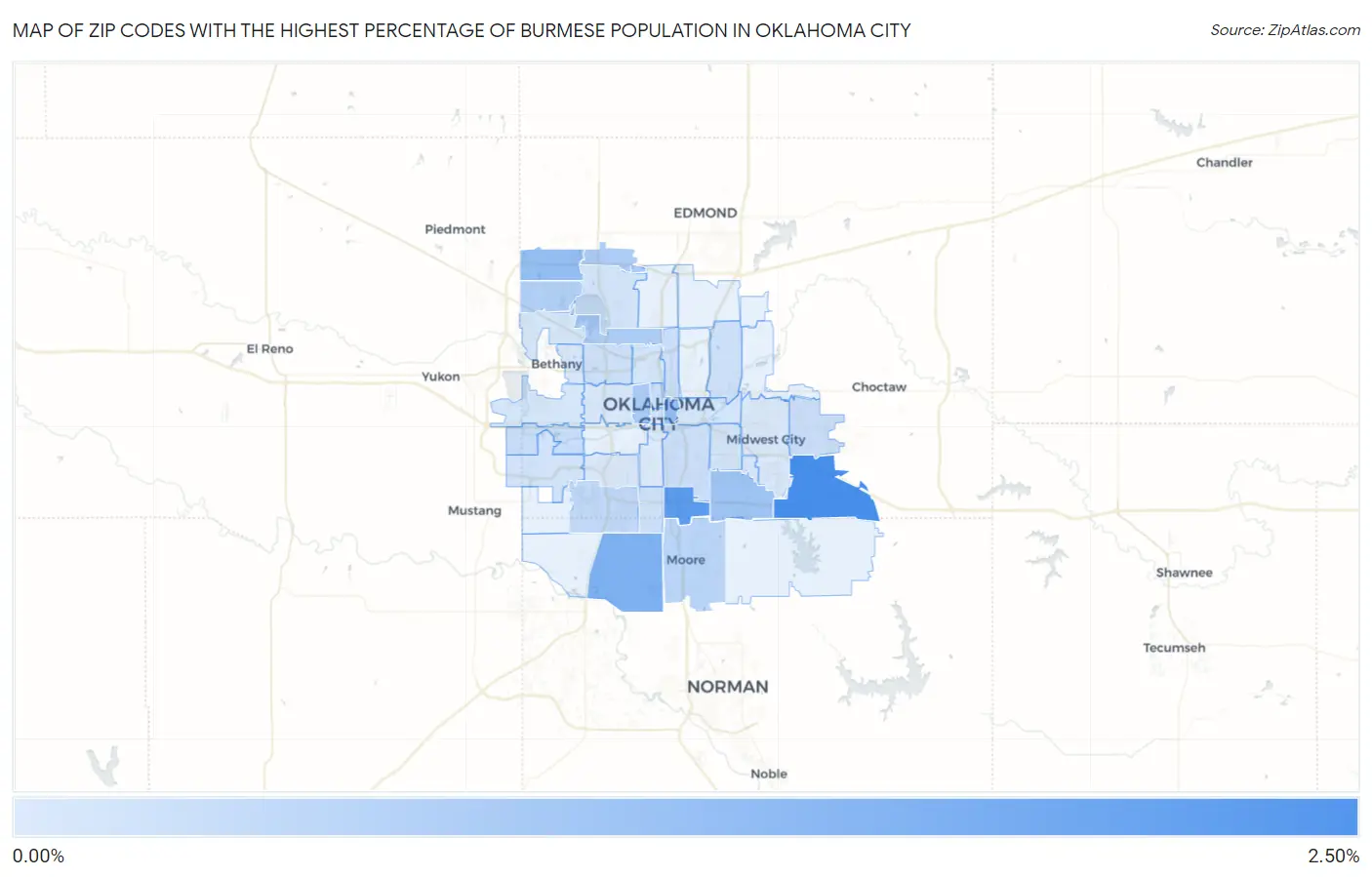 Zip Codes with the Highest Percentage of Burmese Population in Oklahoma City Map