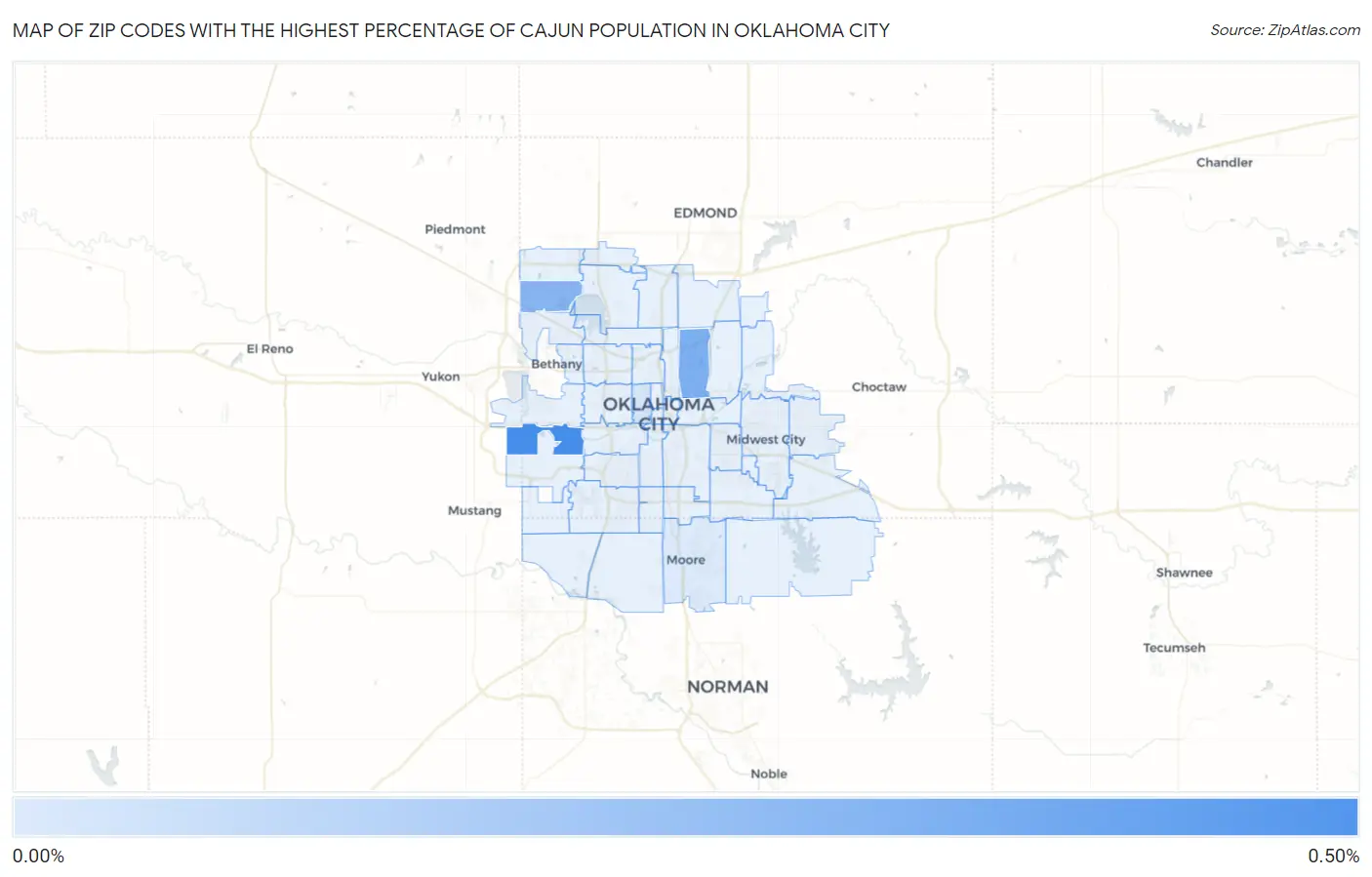 Zip Codes with the Highest Percentage of Cajun Population in Oklahoma City Map