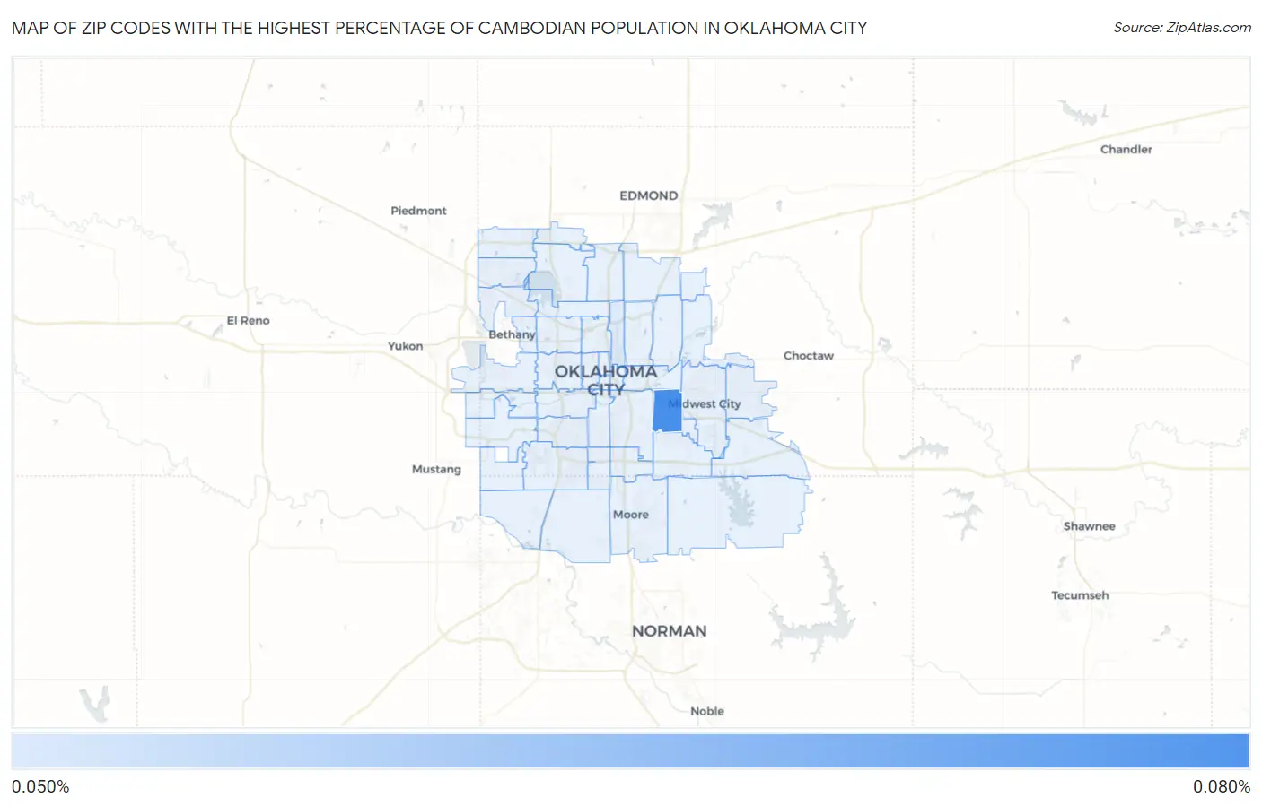 Zip Codes with the Highest Percentage of Cambodian Population in Oklahoma City Map