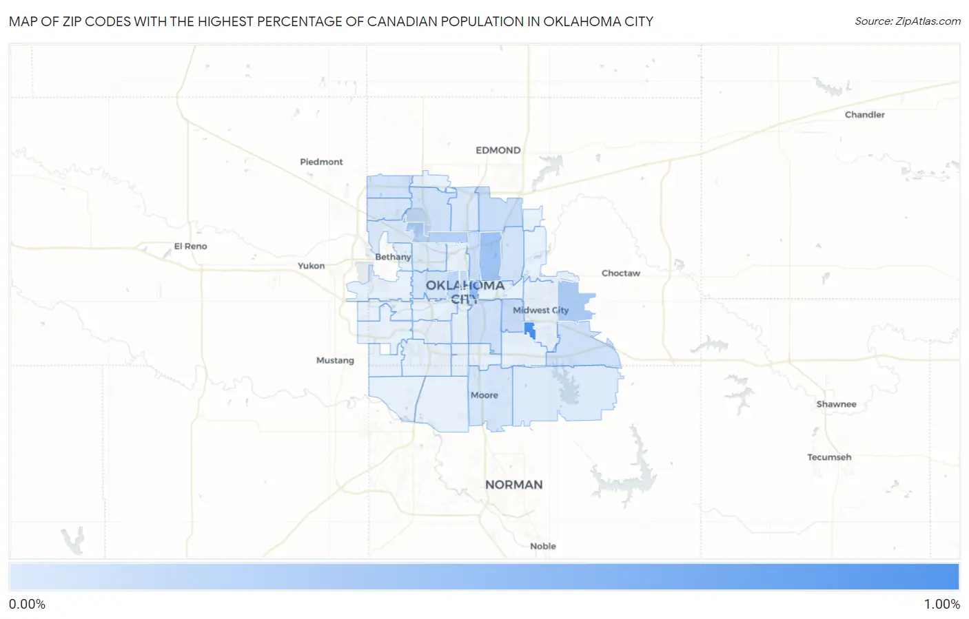 Zip Codes with the Highest Percentage of Canadian Population in Oklahoma City Map