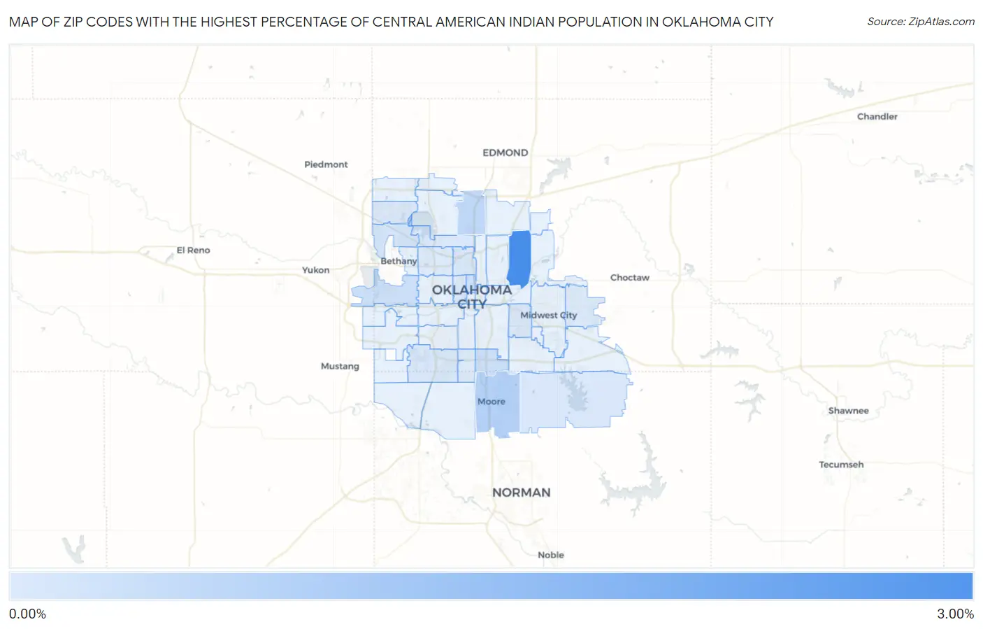 Zip Codes with the Highest Percentage of Central American Indian Population in Oklahoma City Map