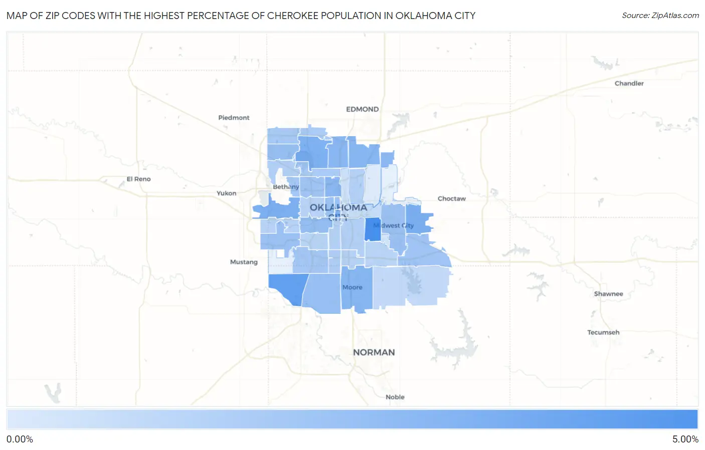 Zip Codes with the Highest Percentage of Cherokee Population in Oklahoma City Map