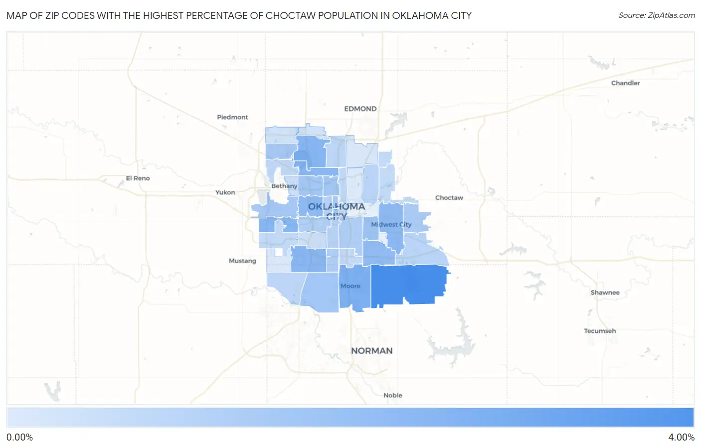 Zip Codes with the Highest Percentage of Choctaw Population in Oklahoma City Map