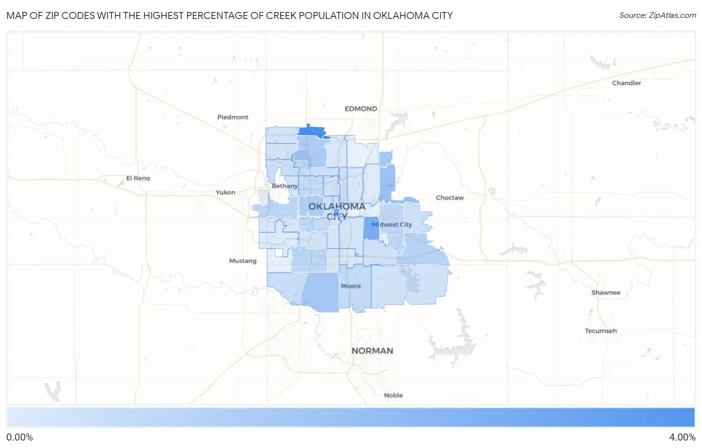 Zip Codes with the Highest Percentage of Creek Population in Oklahoma City Map