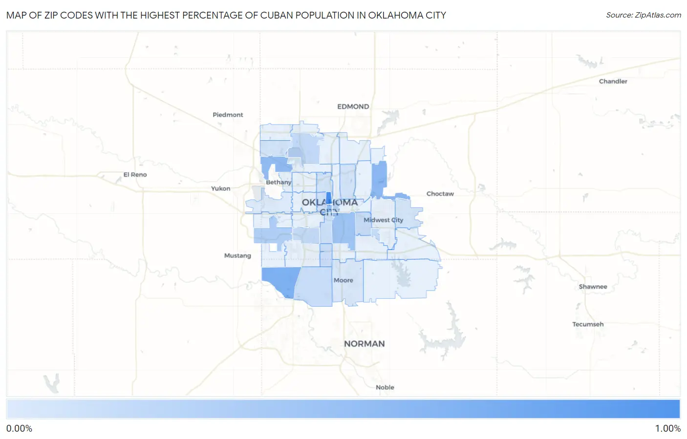 Zip Codes with the Highest Percentage of Cuban Population in Oklahoma City Map