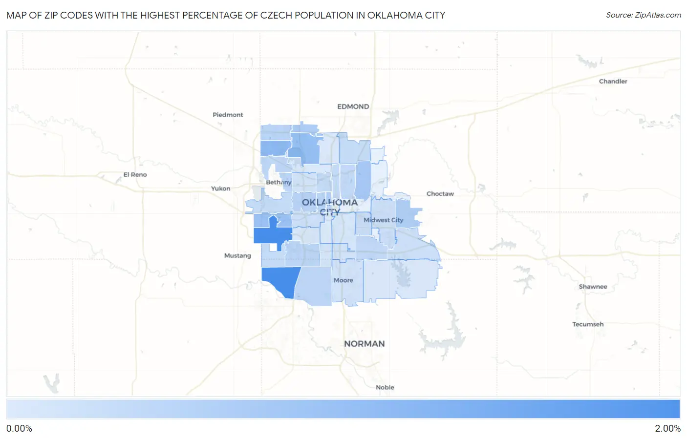 Zip Codes with the Highest Percentage of Czech Population in Oklahoma City Map