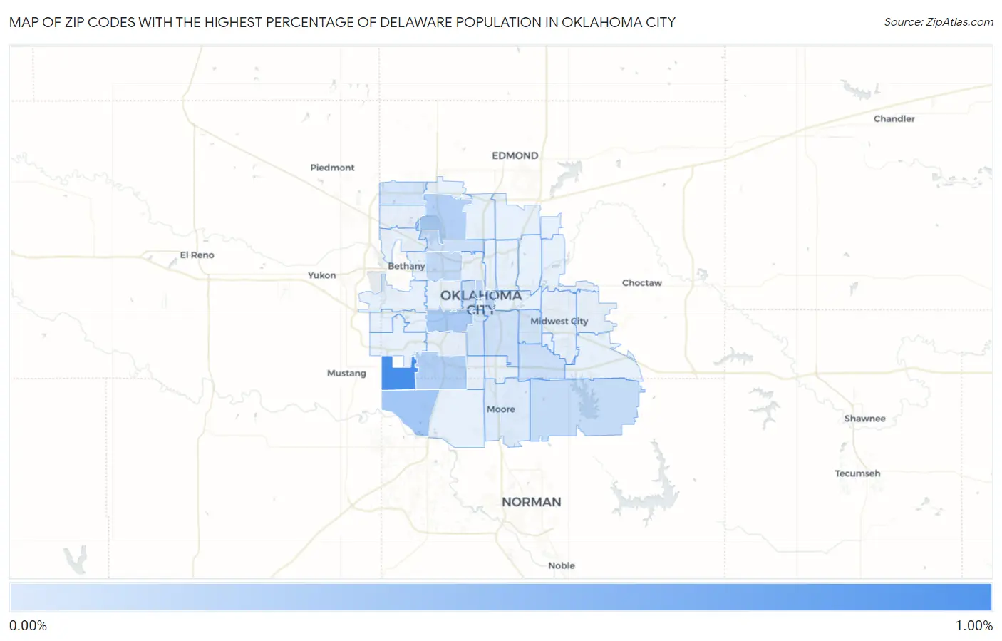 Zip Codes with the Highest Percentage of Delaware Population in Oklahoma City Map