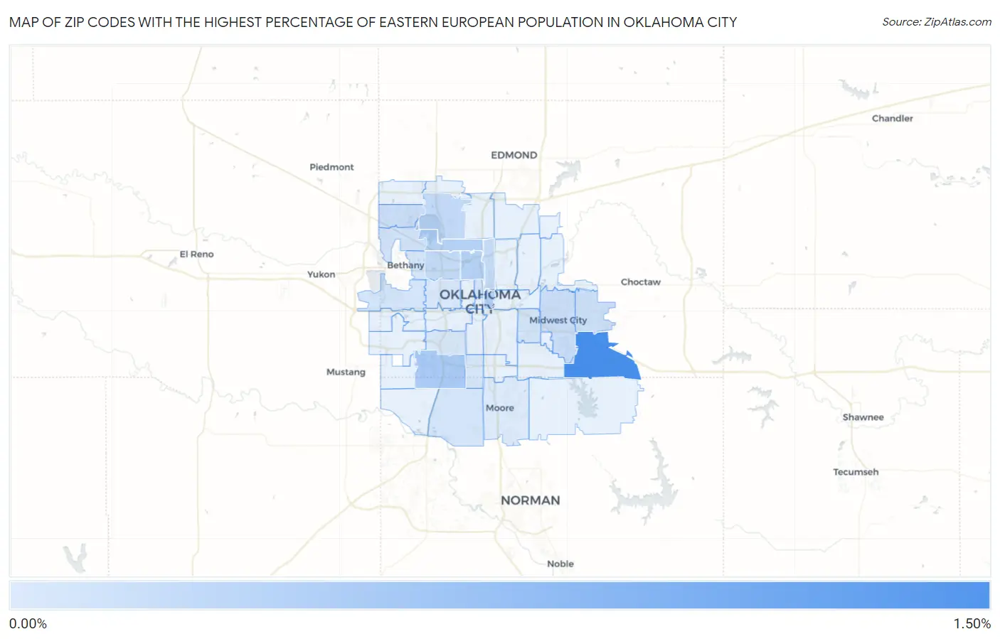 Zip Codes with the Highest Percentage of Eastern European Population in Oklahoma City Map