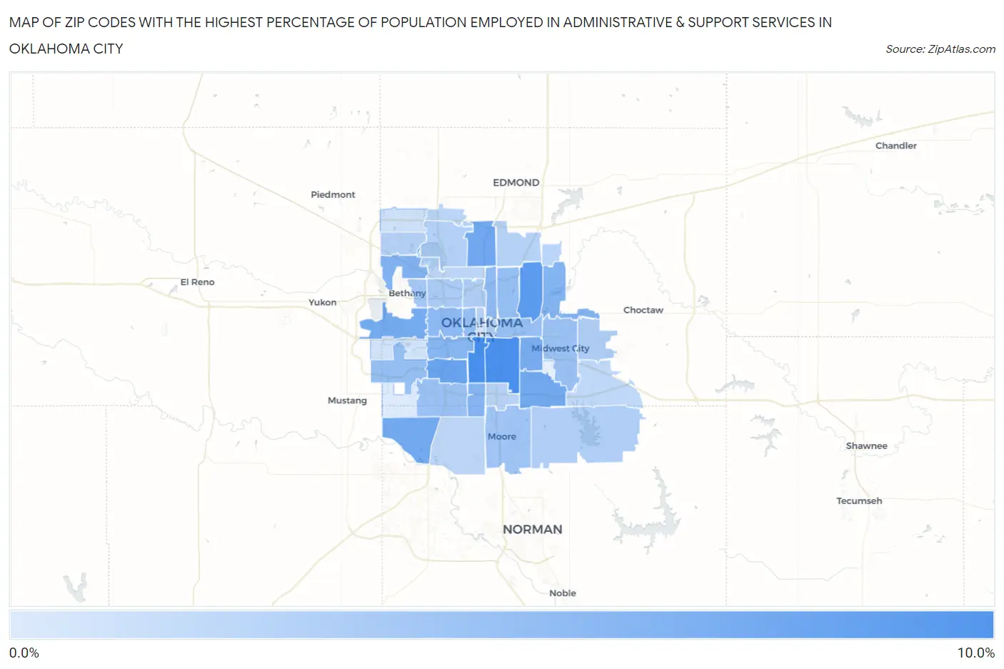 Zip Codes with the Highest Percentage of Population Employed in Administrative & Support Services in Oklahoma City Map