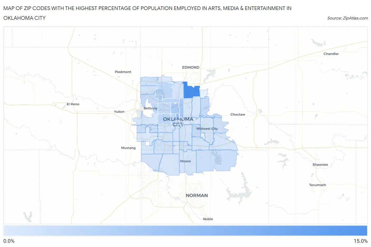 Zip Codes with the Highest Percentage of Population Employed in Arts, Media & Entertainment in Oklahoma City Map