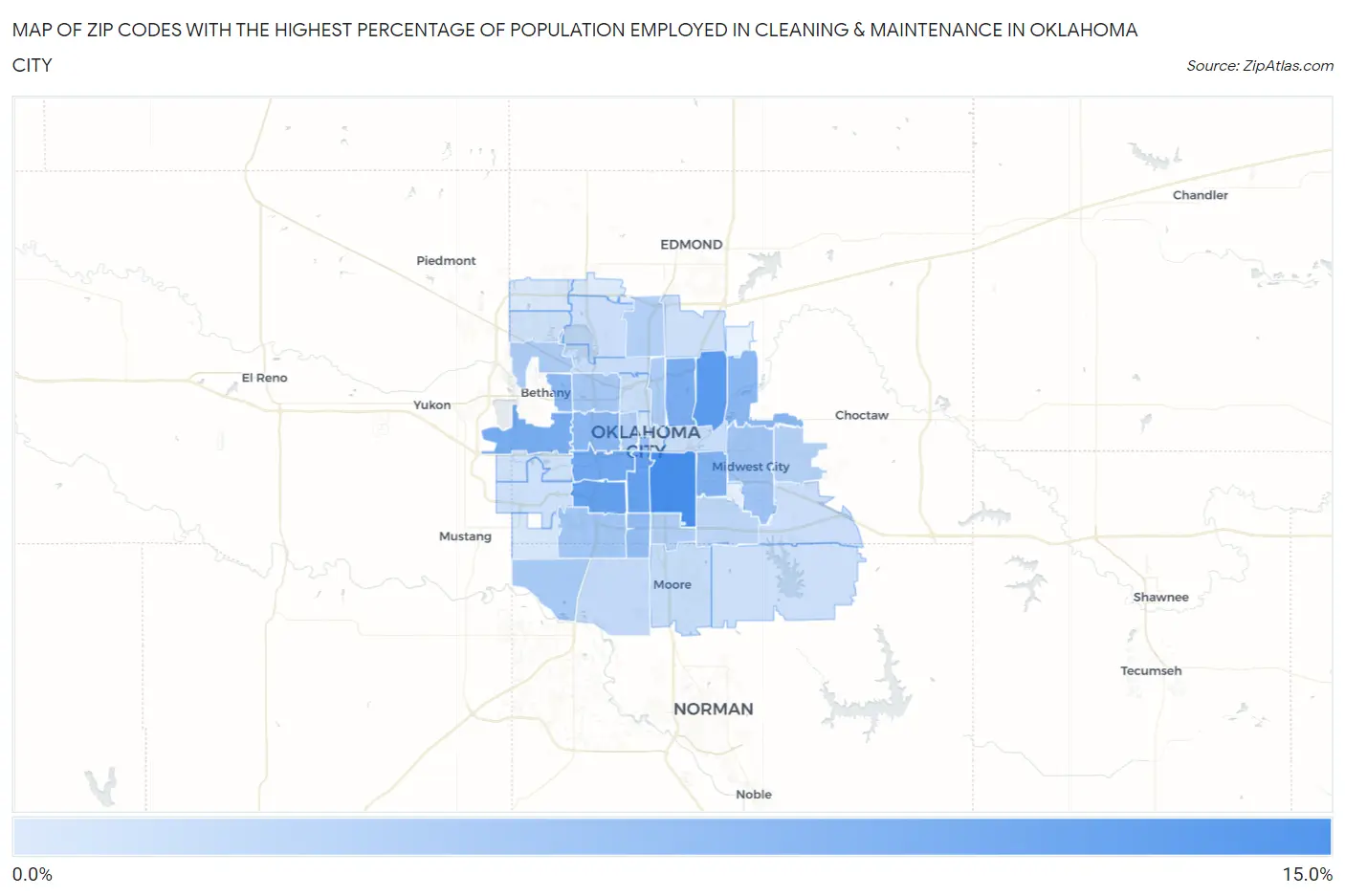Zip Codes with the Highest Percentage of Population Employed in Cleaning & Maintenance in Oklahoma City Map