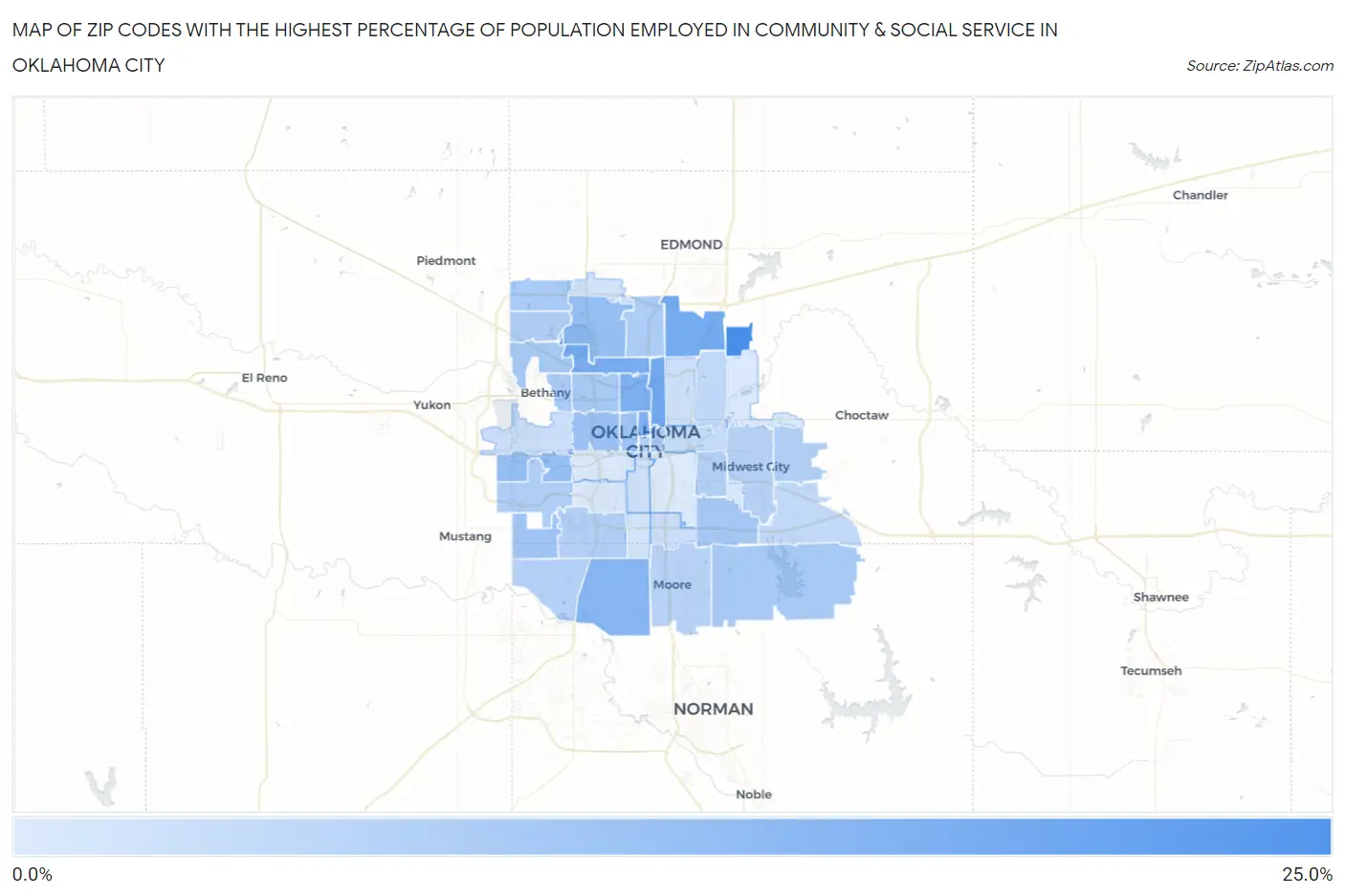 Zip Codes with the Highest Percentage of Population Employed in Community & Social Service  in Oklahoma City Map