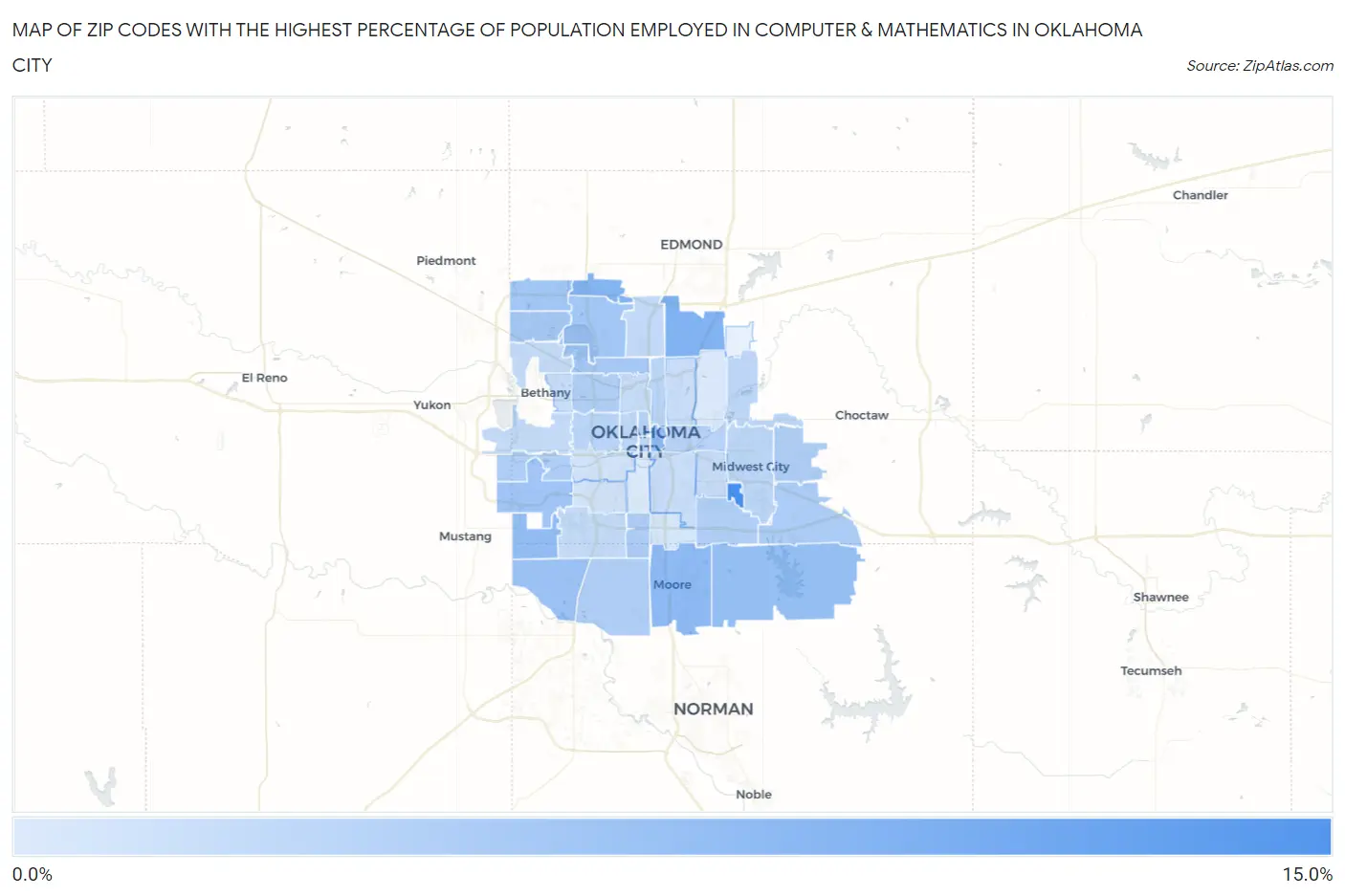 Zip Codes with the Highest Percentage of Population Employed in Computer & Mathematics in Oklahoma City Map