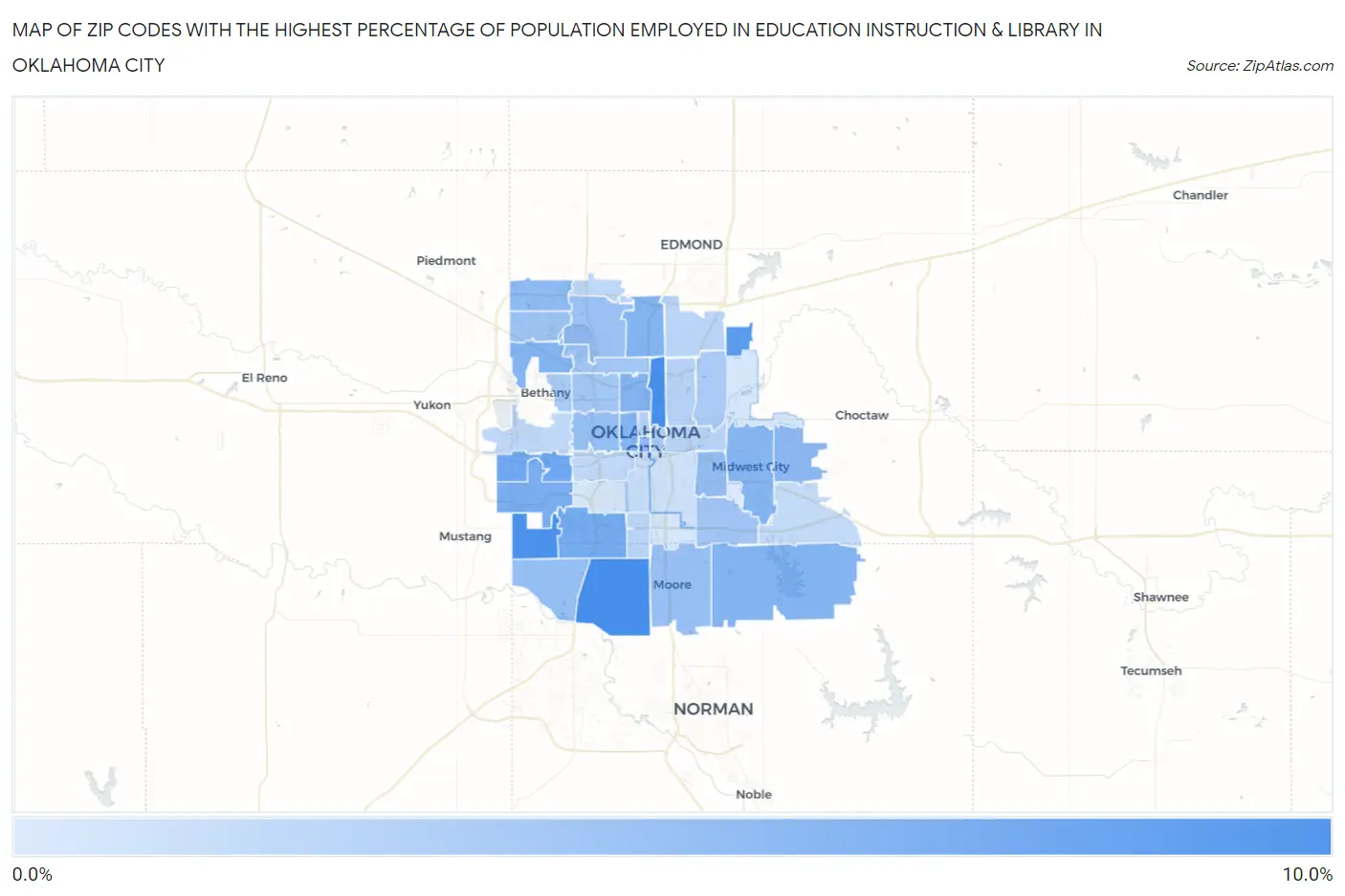Zip Codes with the Highest Percentage of Population Employed in Education Instruction & Library in Oklahoma City Map