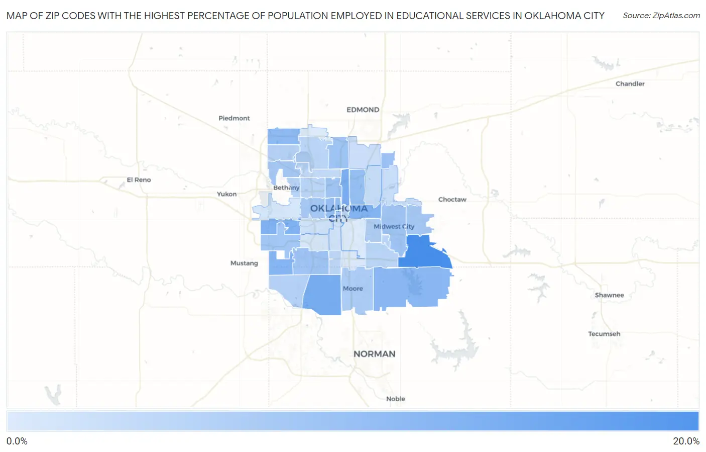 Zip Codes with the Highest Percentage of Population Employed in Educational Services in Oklahoma City Map