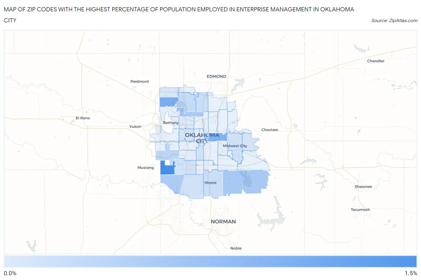 Zip Codes with the Highest Percentage of Population Employed in Enterprise Management in Oklahoma City Map