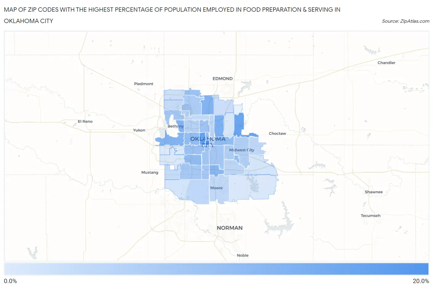 Zip Codes with the Highest Percentage of Population Employed in Food Preparation & Serving in Oklahoma City Map